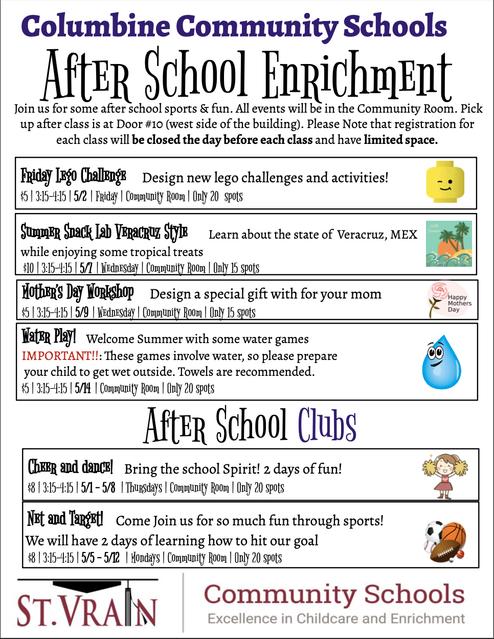After school programs at Columbine Community Schools include Lego challenges, workshops, and fun sports activities.